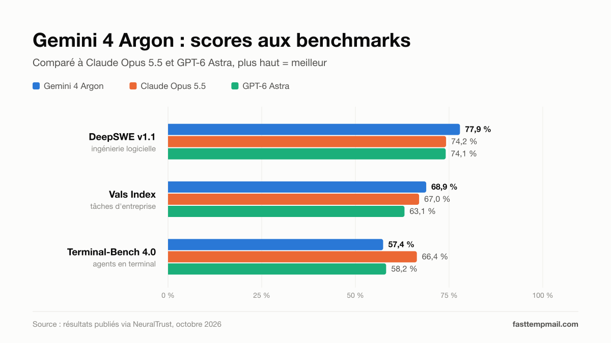 Graphique des benchmarks de Gemini 4 Argon comparé à Claude Opus 5.5 et GPT-6 Astra sur DeepSWE v1.1, Vals Index et Terminal-Bench 4.0